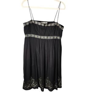 VTG Y2K Maggy London 14 Black Silk Thin Strap Babydoll Embroidered Sequin Dress